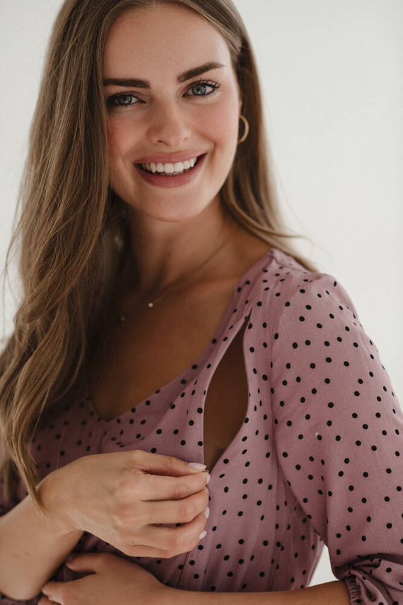 Lovely Dress sukienka ciążowa i do karmienia rękaw 3/4 Milk&Love liliowa w czarne groszki