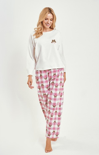 3441 Astrid dámské bavlněné pyžamo Taro beige - dlouhý rukáv, kostkované flanelové kalhoty