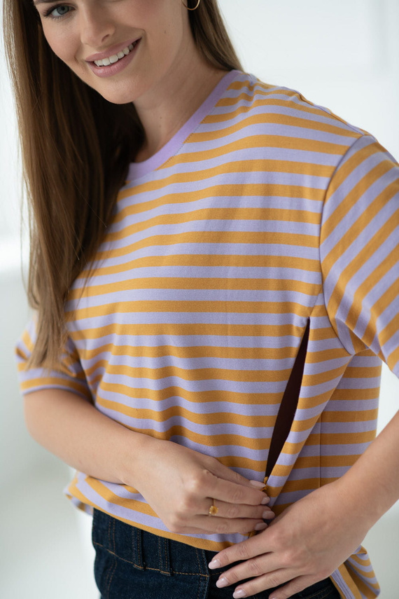 Mamahood Těhotenské a kojící tričko Milk&Love medové a lila pruhy - pohodlné a stylové