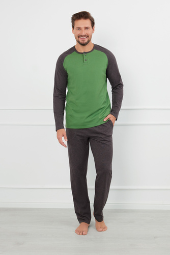 Alexander Pánské pyžamo s dlouhým rukávem a dlouhými kalhotami Italian Fashion - green/c.melange