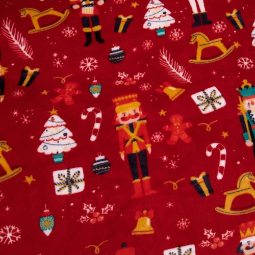 Veselé útulné Vánoce s červeným medvídkem Spod Igły i Nitki- 210gsm plyšové mikrovlákno