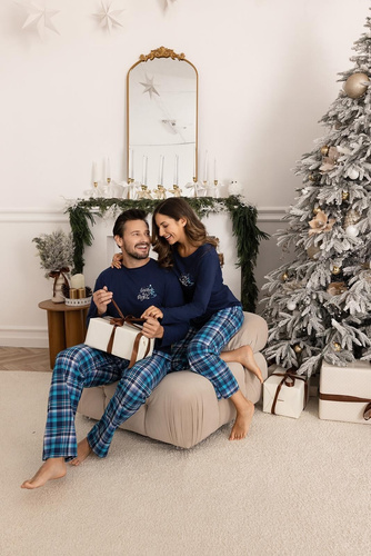 Pánské pyžamo Regina 507 tmavě modré - bavlněné, dlouhé, tričko s potiskem a kostkované kalhoty