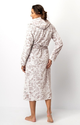 LGL 545 Klíčový dámský župan ecru-mocca - měkký, s kapucí, zavazuje se v pase