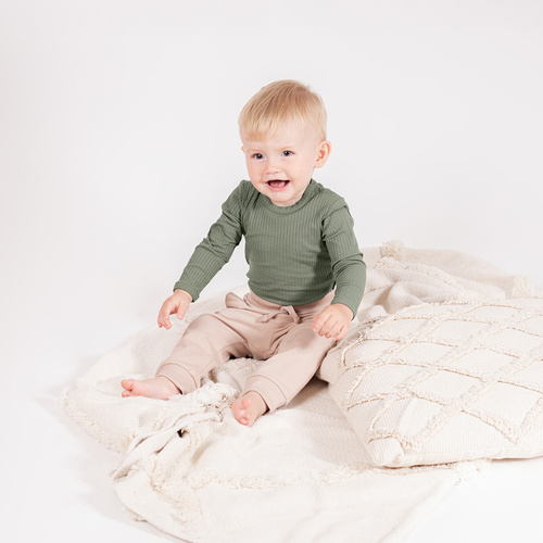 218097 Dětské body s medvídkem Yogi Nicol - bavlna, dlouhý rukáv, khaki barva