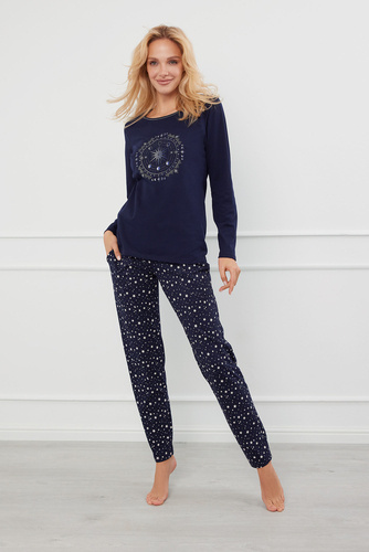 Arugia Dámské pyžamo s dlouhým rukávem a dlouhými kalhotami Italian Fashion - námořnická modř/potisk