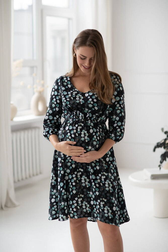 Lovely Dress Midi sukienka ciążowa i do karmienia rękaw 3/4 Milk&Love w listki eukaliptusa