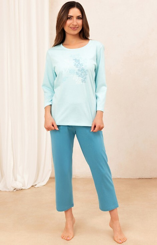 706 Dámské bavlněné tyrkysové pyžamo - 3/4 rukávy, 7/8 nohavice, ozdobný potisk