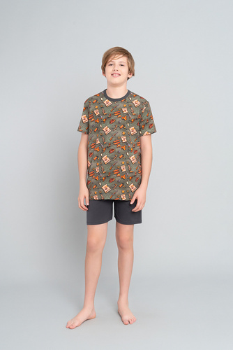 Westernové chlapecké pyžamo s krátkým rukávem, kalhoty Italian Fashion - olivová/grafitová barva
