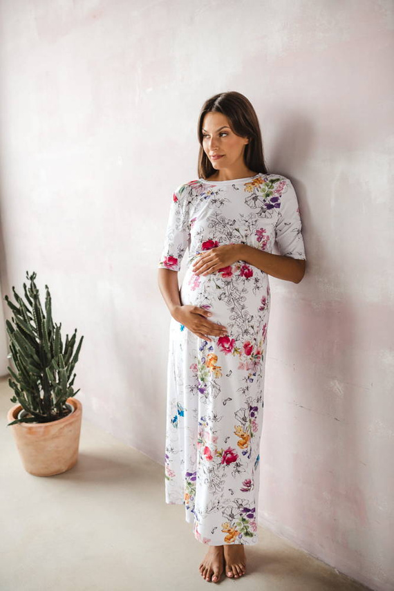 Sukienka ciążowa i do karmienia Two Ways LONG Milk&Love biała w kolorowe kwiaty
