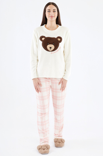 Madlen Dámské pyžamo Sorbetto ecru - fleece, s výšivkou medvídka a kostkovanými kalhotami