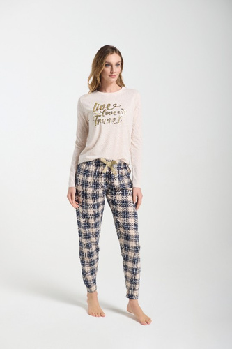 Bessy Dámské pyžamo Sorbetto beige - žerzej, zlatý potisk, kostkované kalhoty