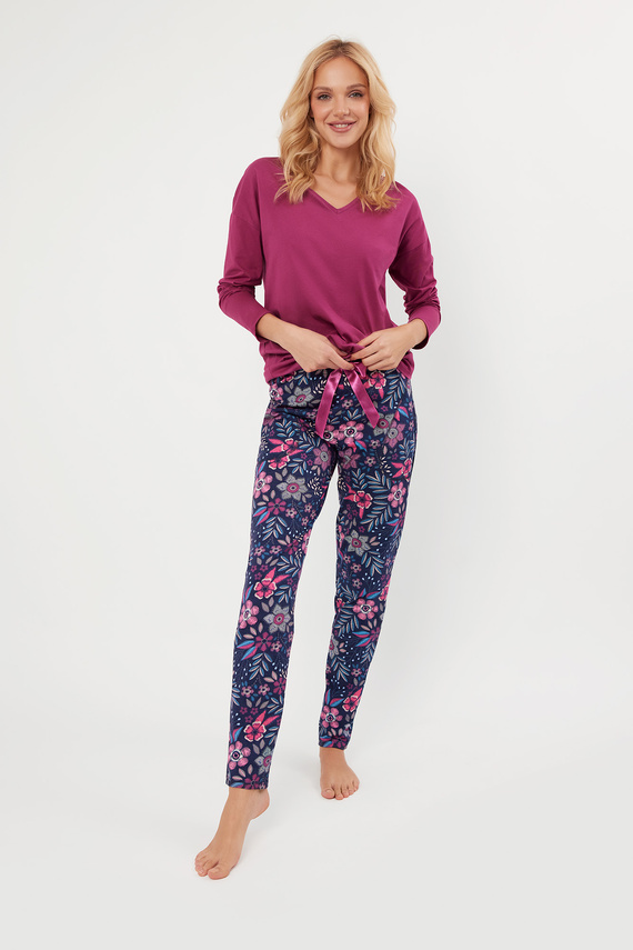 Folk Dámské pyžamo s dlouhým rukávem, dlouhé kalhoty Italská móda - ostružina/potisk