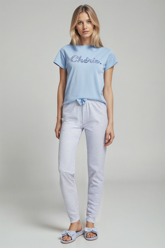 Juliana Sorbetto modrá - dámské pyžamo 100% bavlna, s výšivkou a dlouhými pruhovanými kalhotami