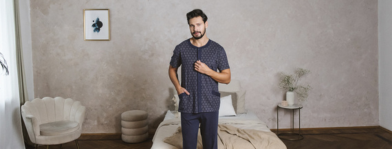 Ricardo Pánské pyžamo s krátkým rukávem a dlouhými kalhotami Italian Fashion - tmavě modré