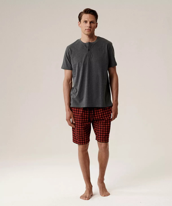 Pánské pyžamo NMP-397 - šedočervená bavlna, krátký rukáv, lehké a pohodlné na léto