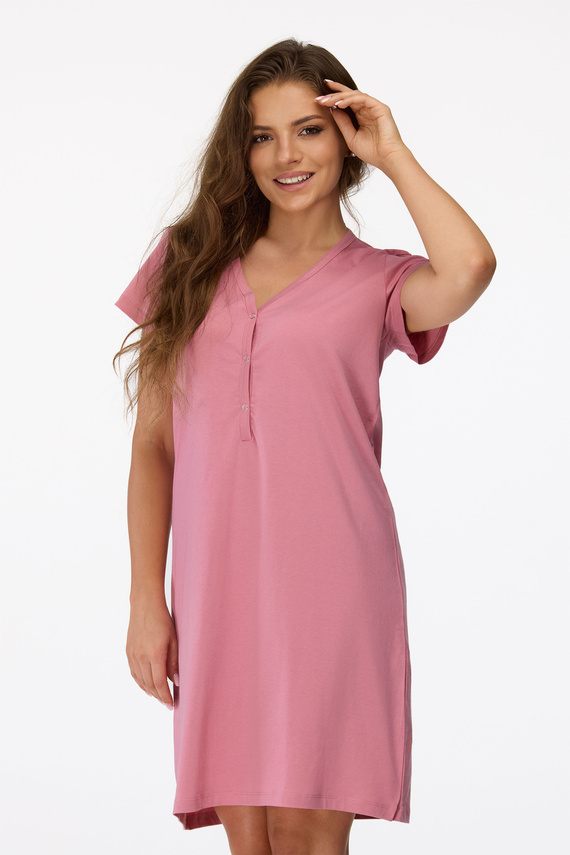 ne. 20 Těhotenská noční košile Senizo antická růžová - 100% bavlna, krátký rukáv, zapínání na knoflíky při kojení