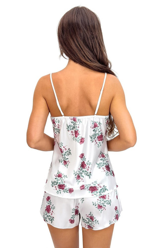 Pižama Julia 1/2 ecru květiny donna – Saténová pižama s květinovým potiskem a regulovatelnými ramínky