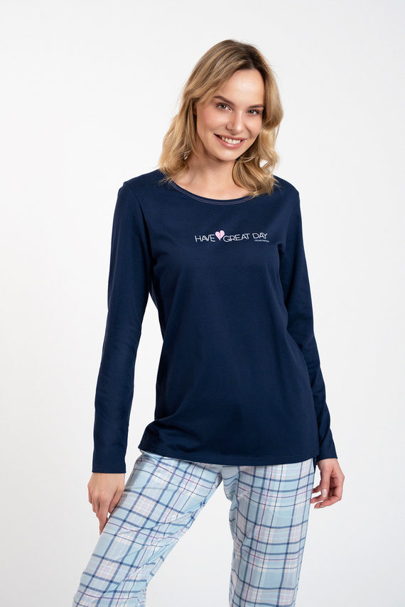 Glamour Dámské pyžamo s dlouhým rukávem a dlouhými kalhotami Italian Fashion - námořnická modř/potisk