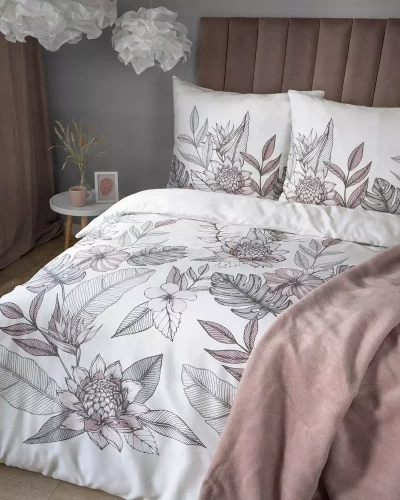 4125 B Home Satin Pościel satynowa kwiaty Detexpol biały/szary