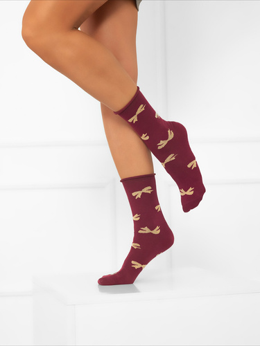 S183D Figaro Dámské dlouhé netlakové ponožky Italská móda - mašle vínová