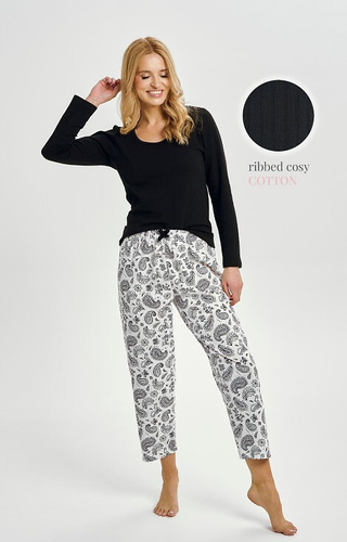 3454 Taro dámské bavlněné pyžamo černé - dlouhý rukáv, vzorované kalhoty