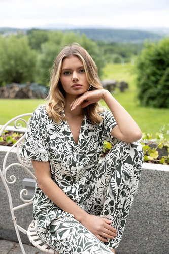 Dámské pyžamo Louise Sensis khaki-ecru z viskózy, košile na knoflíky + kalhoty