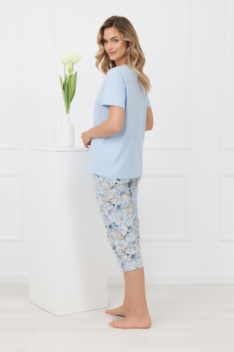 Dámské pyžamo Celozja, 100% bavlna, krátké rukávy, 3/4 kalhoty, květinový vzor, mašle