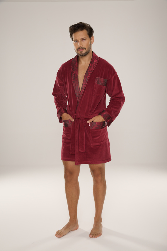 866 Noble Pánský velurový župan De Lafense - krátký, elegantní, bavlna - vínový