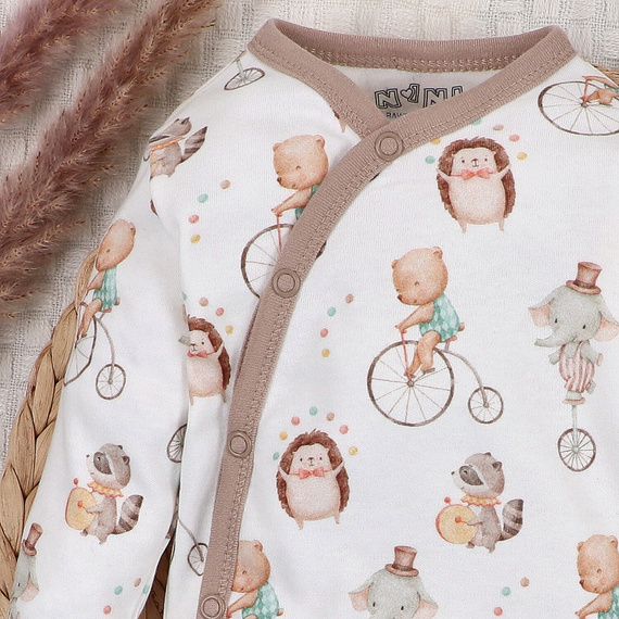 ABN-5581 Cirkusové dětské obálkové body od Nini - 100% organická bavlna, zapínání bez niklu, vyrobeno v Polsku