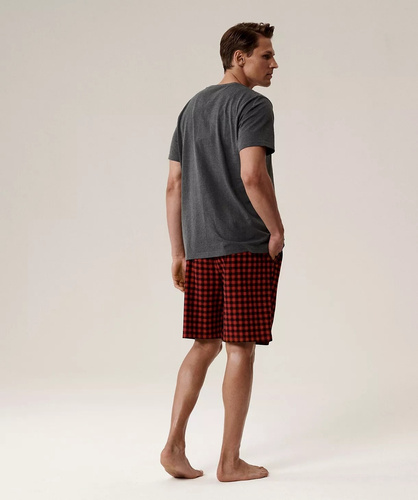 Pánské pyžamo NMP-397 - šedočervená bavlna, krátký rukáv, lehké a pohodlné na léto