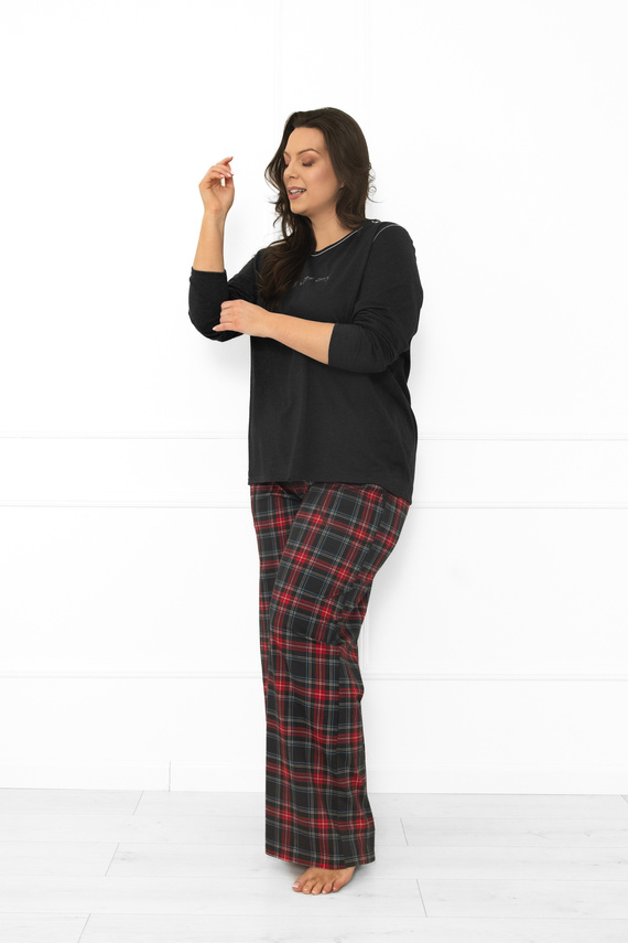Italská móda dámské pyžamo tmavě melanžové, bavlna, dlouhý rukáv a kalhoty, kostkované