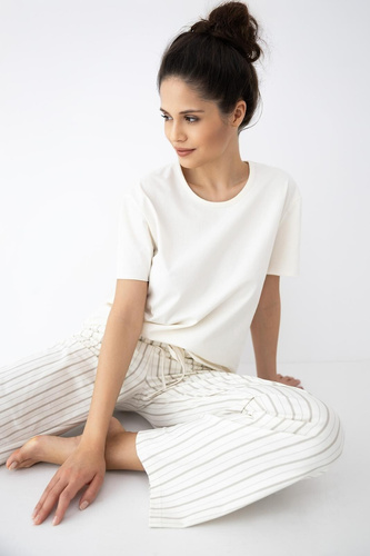 Dámské pyžamo Soleil Sensis ecru-béžové, bavlna, krátký rukáv, dlouhé kalhoty