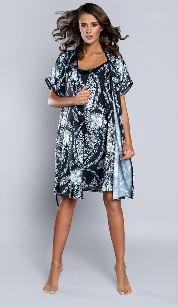 Stříbrný dámský župan s krátkým rukávem Saténová italská móda - tmavě modrá