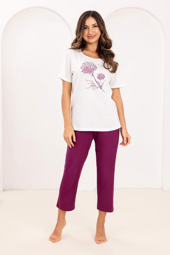 Dámské bavlněné pyžamo Regina 734 ecru - 100% bavlna, tričko s krátkým rukávem, potisk, 7/8 kalhoty, Premium Comfort