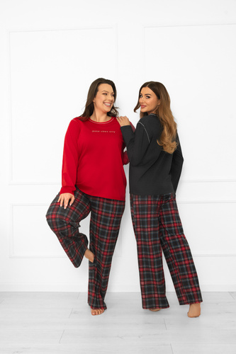 Italská móda dámské pyžamo tmavě melanžové, bavlna, dlouhý rukáv a kalhoty, kostkované