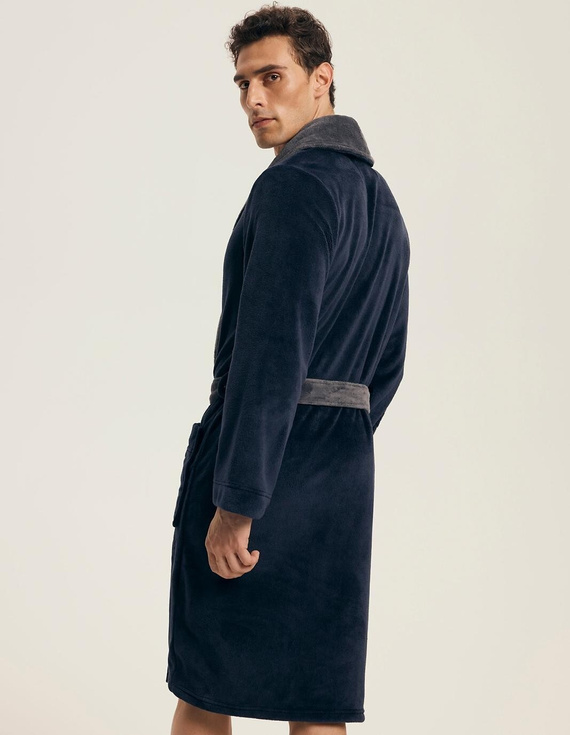 Pánský župan Henderson 43378 Nocturn - tmavě modrý, zavazuje se v pase, měkká pletenina