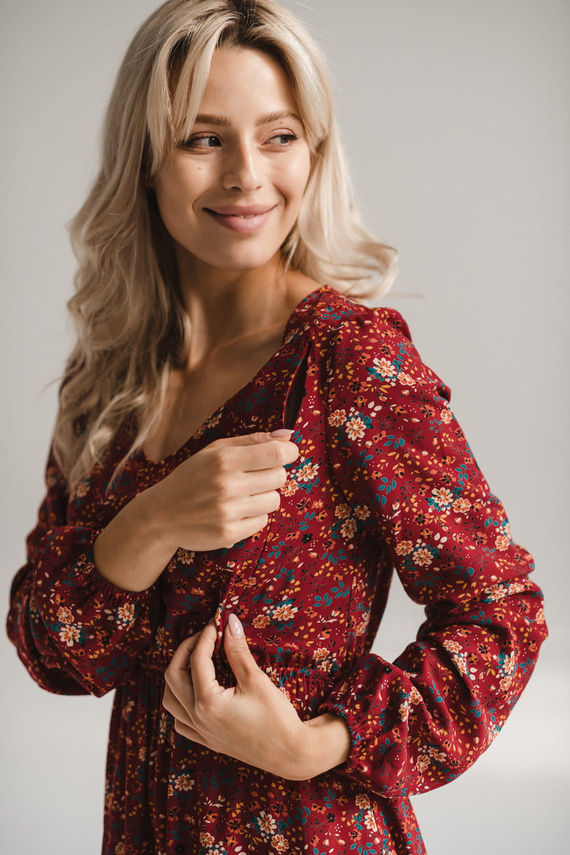 Krásné šaty Midi těhotenské a kojící šaty Milk&Love - bordó květinové, dlouhý rukáv