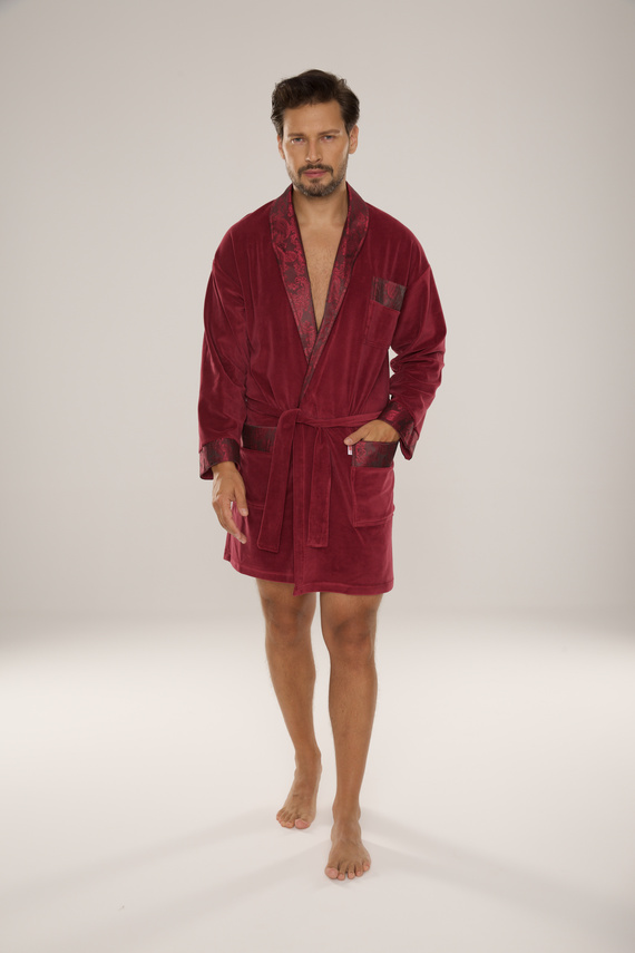 866 Noble Pánský velurový župan De Lafense - krátký, elegantní, bavlna - vínový