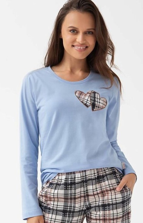 322 Luna blue - dámské bavlněné pyžamo, srdíčka, dlouhý rukáv, kostkované kalhoty