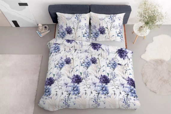 5222 A Pościel satynowa akwarelowe kwiaty w odcieniach lawendy Detexpol