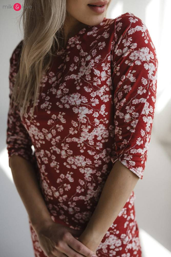 Milky Dress Sukienka do karmienia Milk&Love rękaw 3/4 burgund w kwiaty