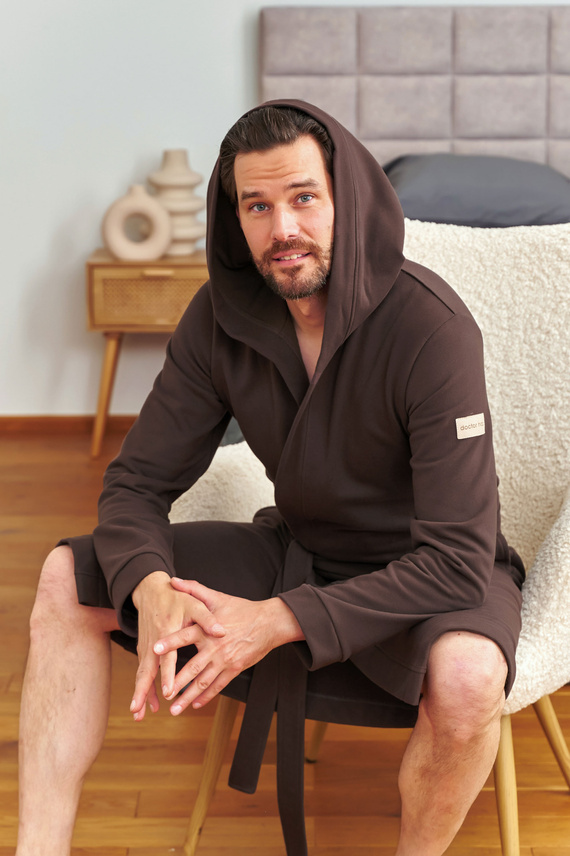 Doctor Nap 7332 - Pánský bavlněný župan s kapucí | 100% bavlna, polská výroba - hnědý