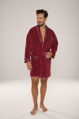 866 Noble Pánský velurový župan De Lafense - krátký, elegantní, bavlna - vínový