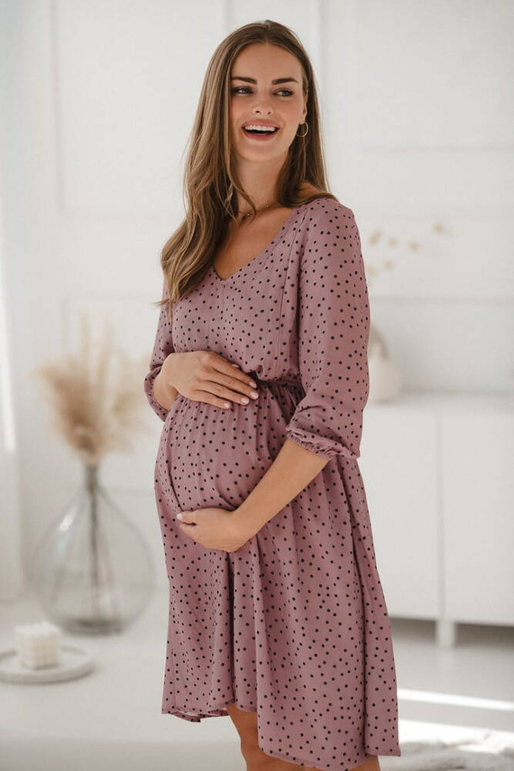 Lovely Dress sukienka ciążowa i do karmienia rękaw 3/4 Milk&Love liliowa w czarne groszki