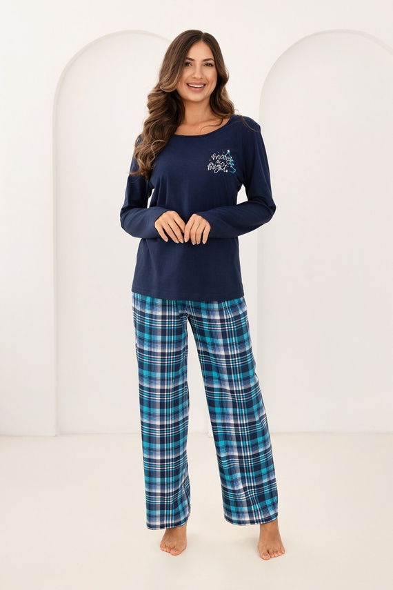 Dámské pyžamo Regina 743 tmavě modré - bavlna, délka. rukávy, potisk, kostkované kalhoty