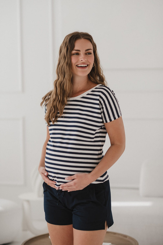 Těhotenská a kojící halenka Two Ways | Krátký rukáv, pohodlná Milk&Love námořnická modrá a bílé pruhy