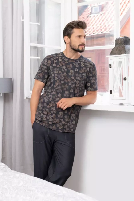 Pinus Pyžamo pánské s krátkým rukávem, dlouhé kalhoty Italská móda - potisk/grafit