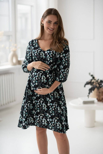 Lovely Dress Midi sukienka ciążowa i do karmienia rękaw 3/4 Milk&Love w listki eukaliptusa