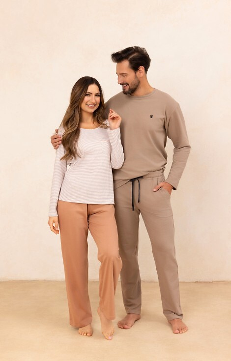 715 Dámské pyžamo Regina béžové - bavlna, pruhované tričko s kapsičkou