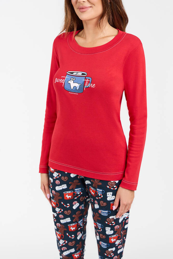 Makala Dámské pyžamo s dlouhým rukávem a dlouhé kalhoty Italian Fashion - červená/potisk